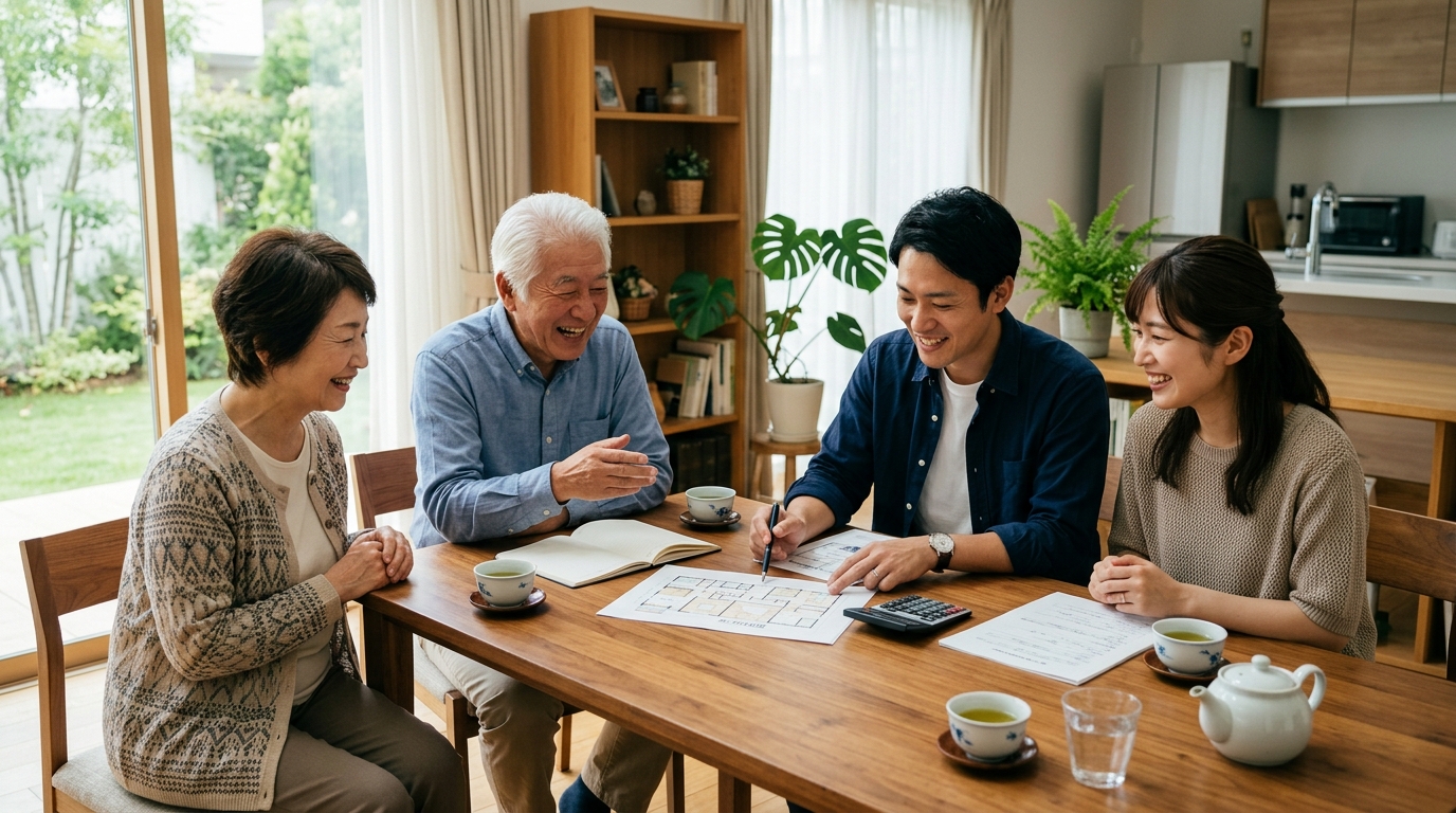 二世帯住宅の資金計画を親世帯と子世帯で相談するイメージ