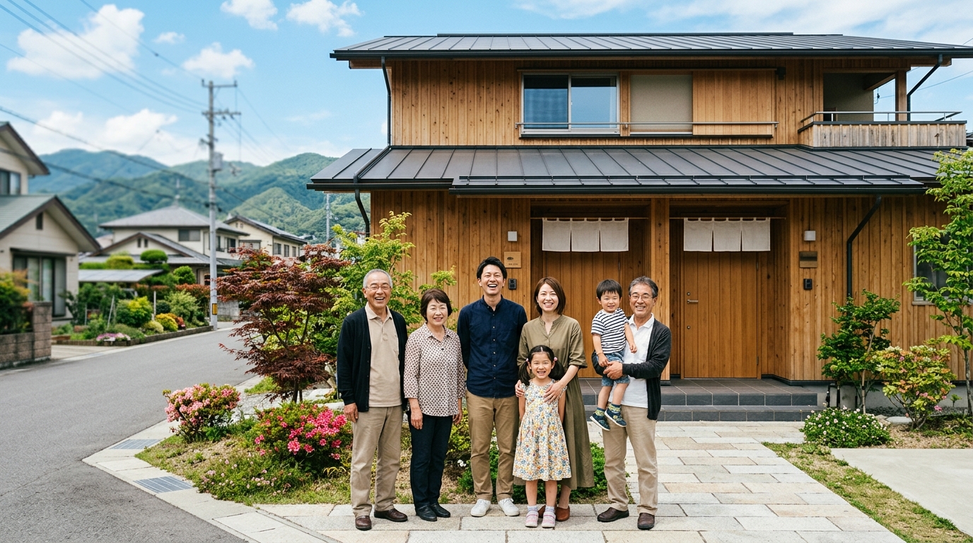 三重県の住宅街に建つ二世帯住宅と三世代家族