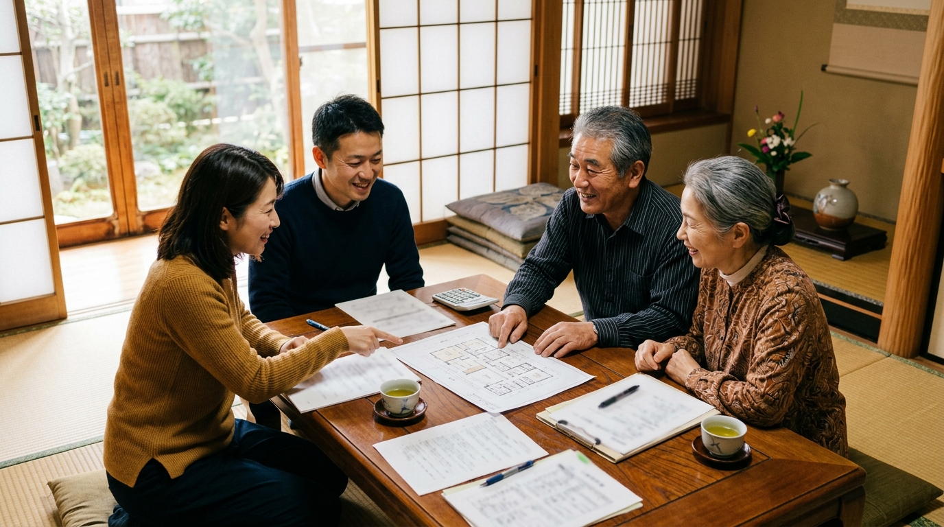 実家をどうするか家族で話し合う様子
