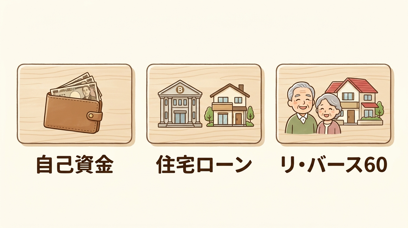 自己資金・住宅ローン・リバース60の3つの選択肢を示す図解