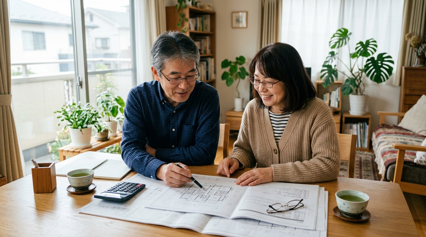 図面を見ながら住まいを相談する夫婦
