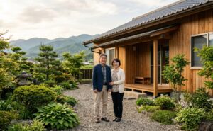 新しい木の家の前に立つ50代60代の夫婦