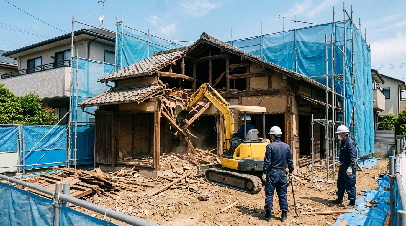 重機による木造住宅の解体工事の様子