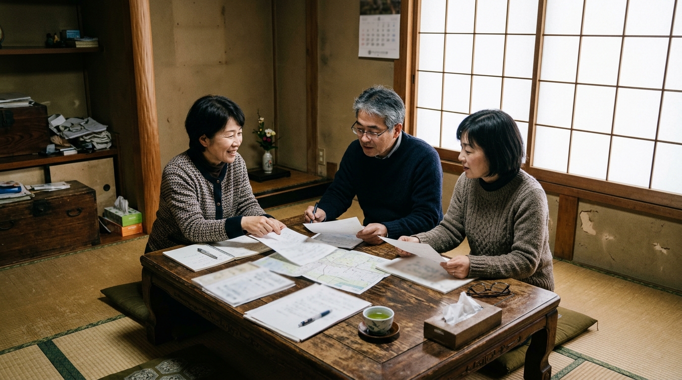 実家の行き先を家族で相談する様子