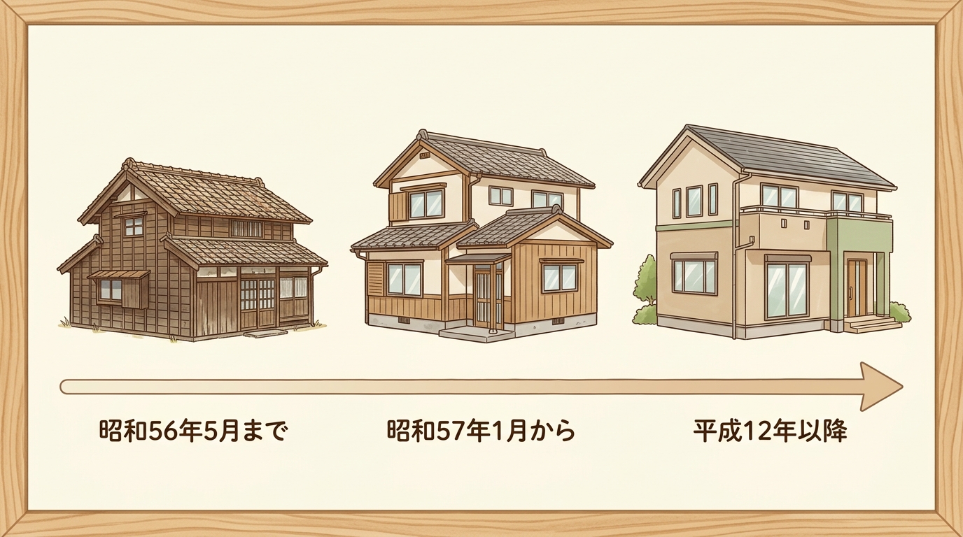昭和56年5月まで・昭和57年1月から・平成12年以降の建物の違いを示す図解