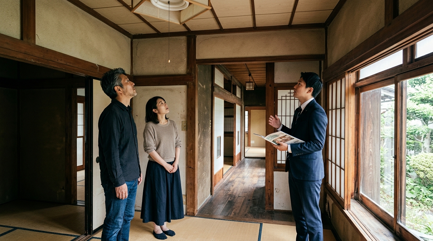 中古住宅を内見する夫婦と担当者