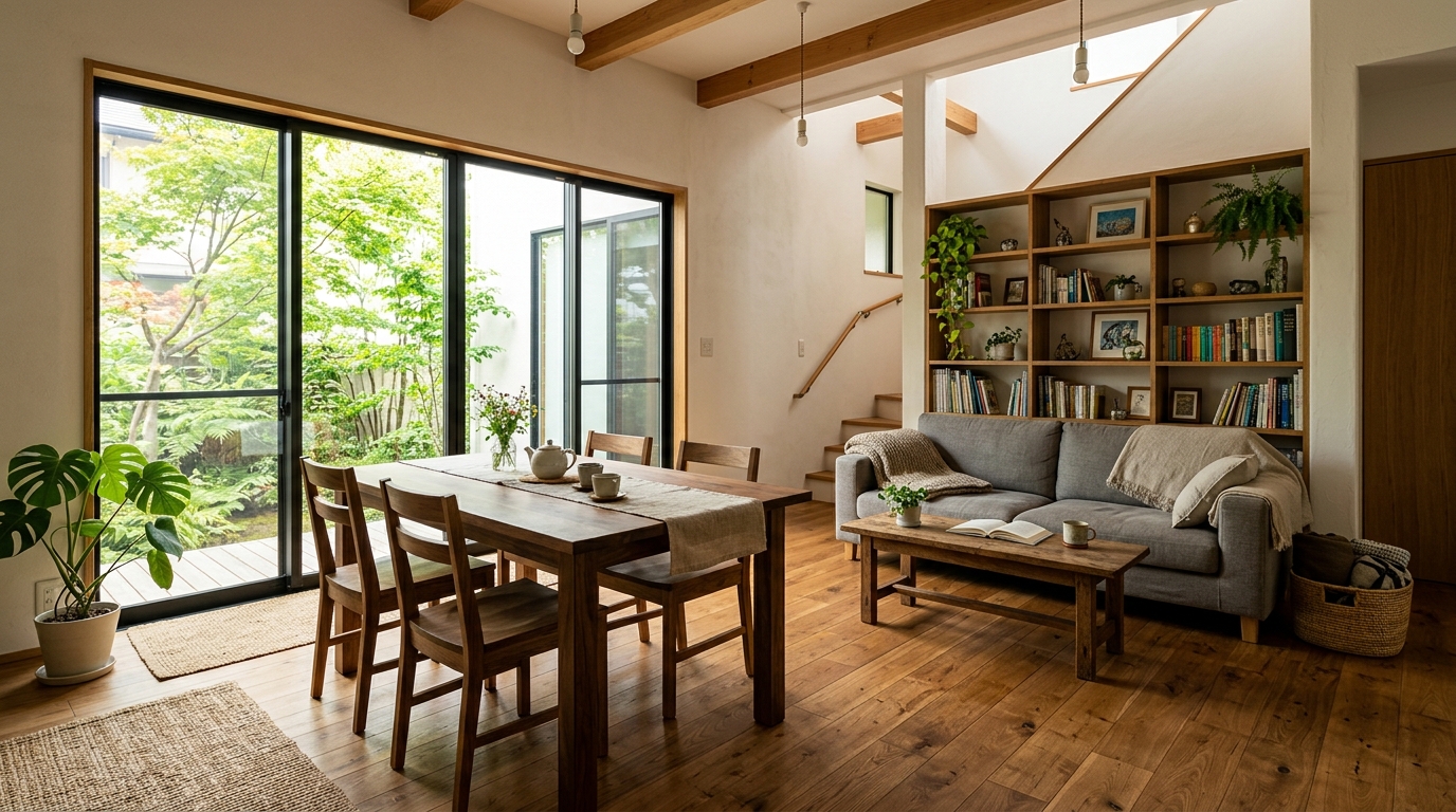 無垢材と漆喰でリノベーションした住宅のリビング
