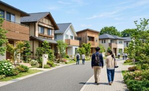 住宅展示場でモデルハウスを見比べながら歩く夫婦
