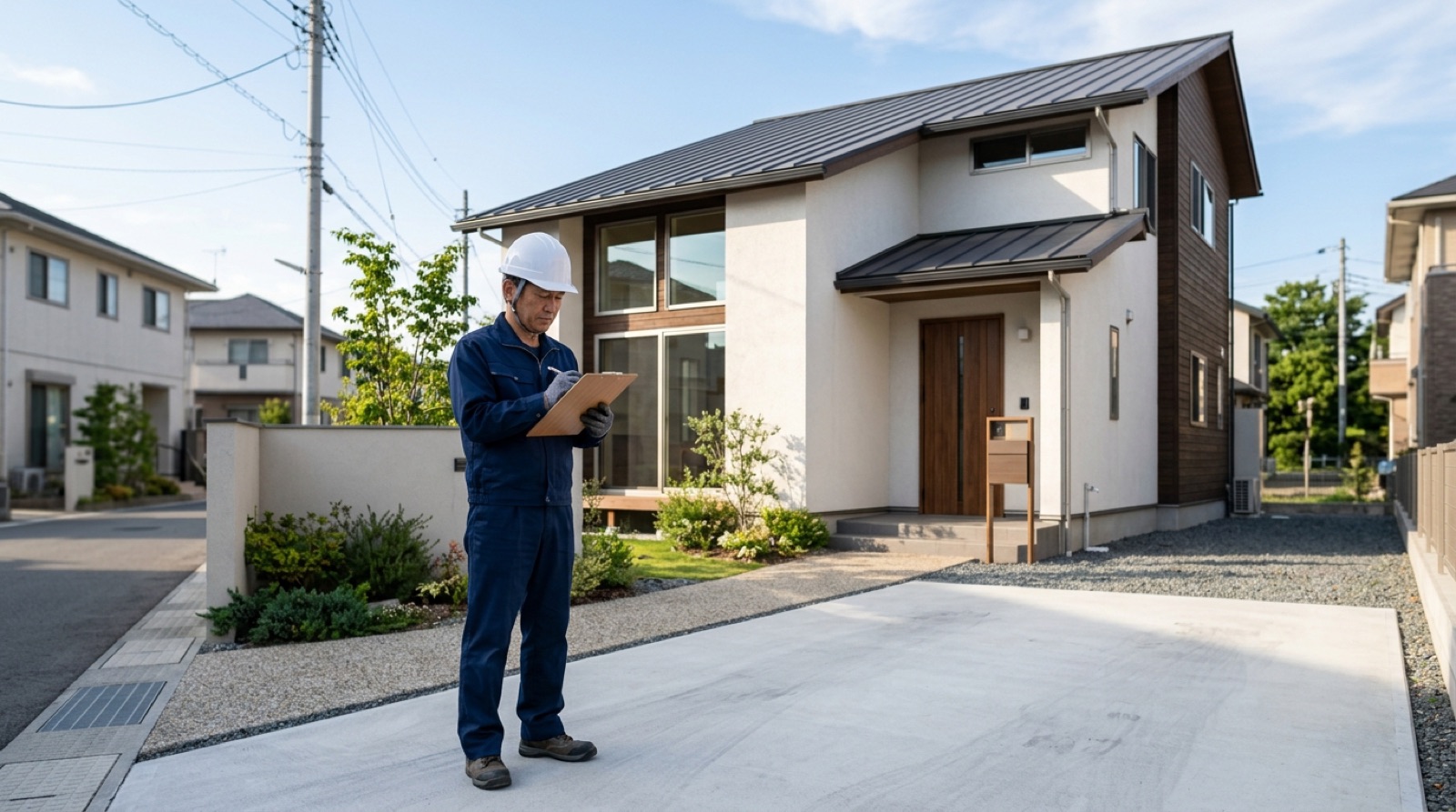 完成した新築住宅を検査員が確認する完了検査のようす