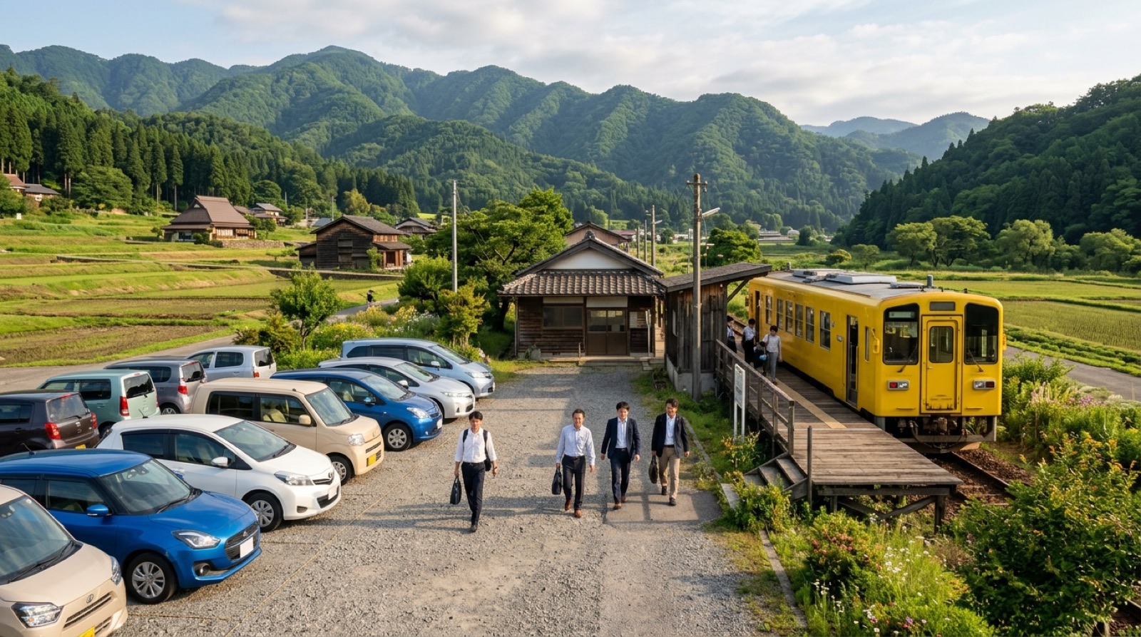 駅前駐車場に車を止めて電車で名古屋へ通勤するパークアンドライドのイメージ