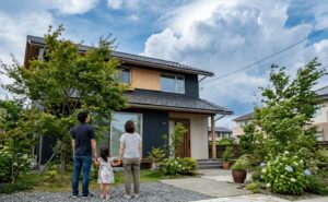 積乱雲の空の下の新築住宅を見上げる家族