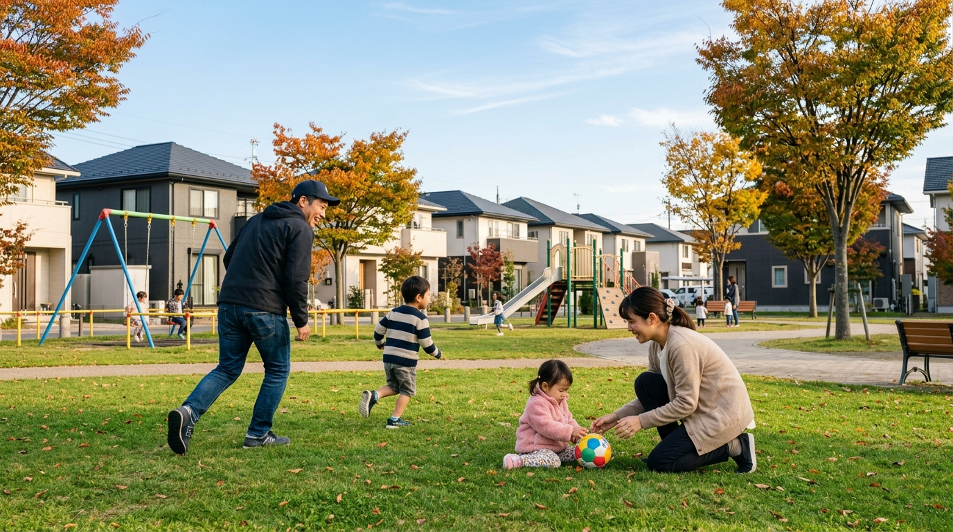 四日市市の住みやすさを感じる住宅地の公園で遊ぶ家族