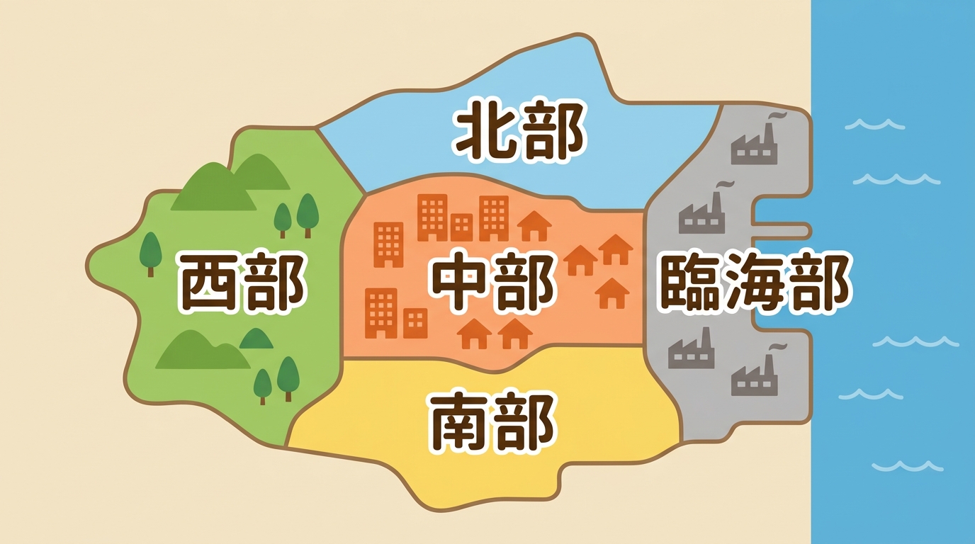 四日市市の住みやすさをエリア別に比べるための北部・中部・南部・西部・臨海部の区分図