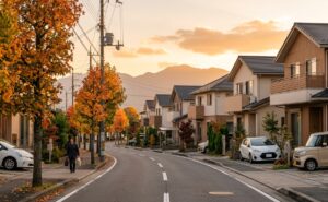 四日市市の落ち着いた住宅街と鈴鹿山脈の夕景